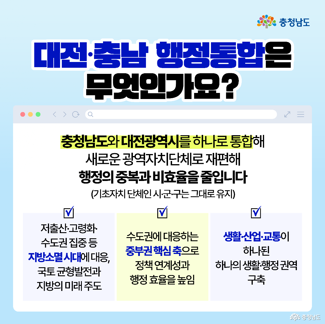 대전충남 행정통합의 개념과 추진 목적 설명. 충청남도와 대전광역시를 하나의 광역자치단체로 통합함으로써 기존 광역단위의 행정구조를 재편하고, 행정의 중복 해소와 효율성 제고를 목표로 설정. 기존 기초자치단체인 시·군·구 단위는 그대로 유지됨을 명시함으로써 주민의 일상생활에 직접적인 변화가 없다는 안심 메시지 전달. 지방소멸 위기에 대응하고, 국토균형발전과 지방의 미래를 주도하기 위한 새로운 패러다임으로서의 광역통합 필요성 제시.