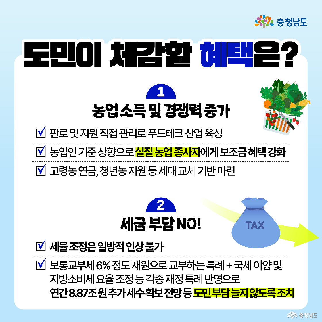 도민이 체감할 수 있는 실질적 혜택 제시 (1). 농업 분야 중심 설명으로, 판로 지원 및 직접 관리 체계를 기반으로 한 푸드테크 산업 육성을 통한 농업 소득 증대 기대. 실질 농업 종사자를 기준으로 한 보조금 확대 정책 안내. 고령농 연금, 청년농 지원 등 세대교체 기반 마련을 통해 농촌의 지속 가능성 확보 의지 전달.