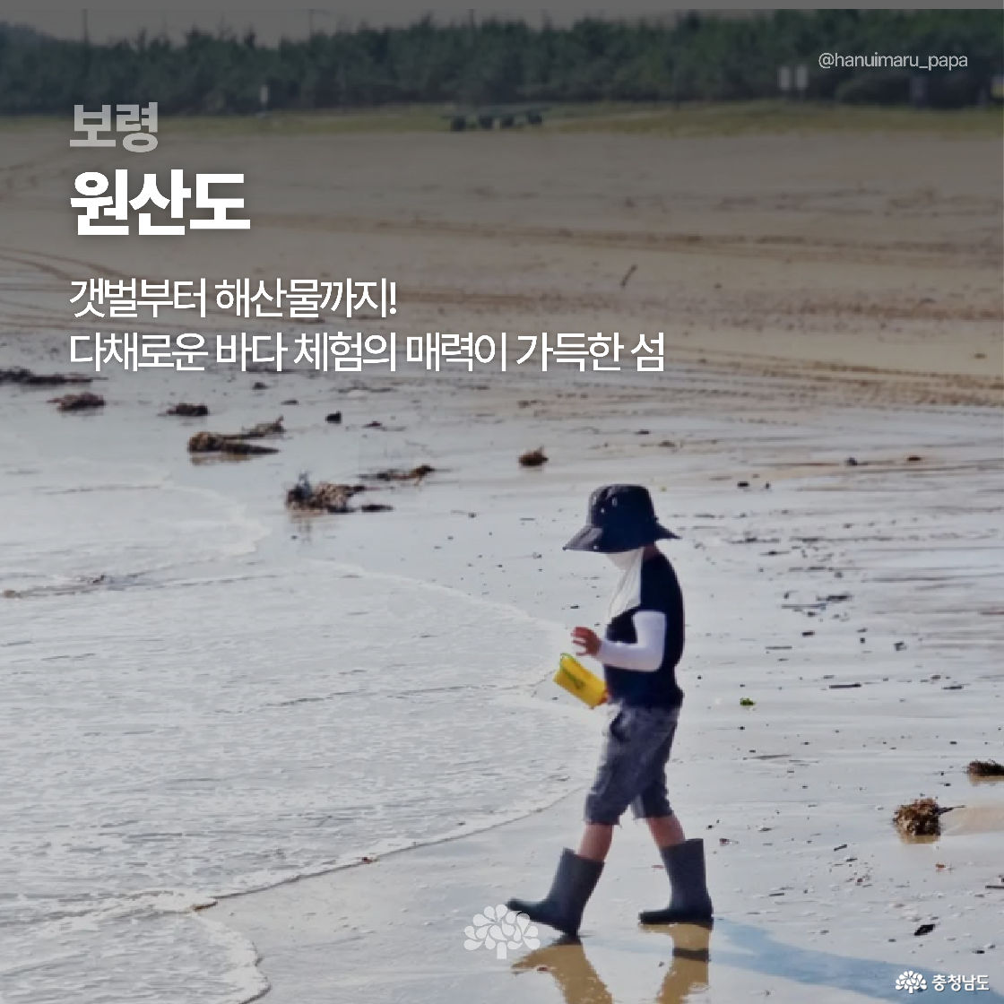 갯벌 위를 장화와 모자를 쓴 아이가 노란 도구를 들고 걷고 있으며, 물결이 얕게 퍼진 해안선이 배경으로 펼쳐져 있습니다. 화면에는 ‘보령 원산도’와 ‘갯벌부터 해산물까지 다채로운 바다 체험의 매력이 가득한 섬’이라는 문구가 보입니다.