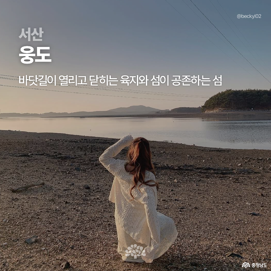 노을빛으로 물든 서산 웅도의 해변에서 흰 레이스 원피스를 입은 여성이 앉아 뒤돌아 바다를 바라보고 있습니다. 고요한 물결과 멀리 보이는 섬들이 어우러져 평화로운 분위기를 자아냅니다.