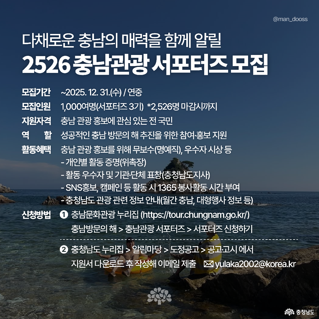 충남관광 서포터즈 모집 안내 포스터로, 모집 기간, 인원, 지원 자격, 역할, 활동 혜택과 신청 방법이 상세히 적혀 있습니다. 배경에는 암벽과 바다가 함께 보이는 풍경이 깔려 있습니다.