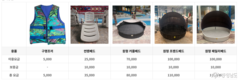 대여 물품 및 가격