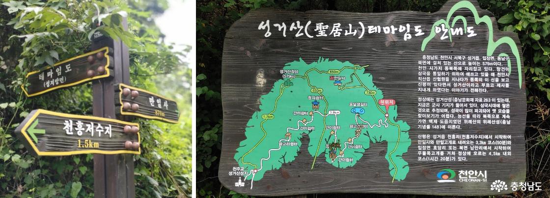 표지판과 성거산 테마임도 안내도