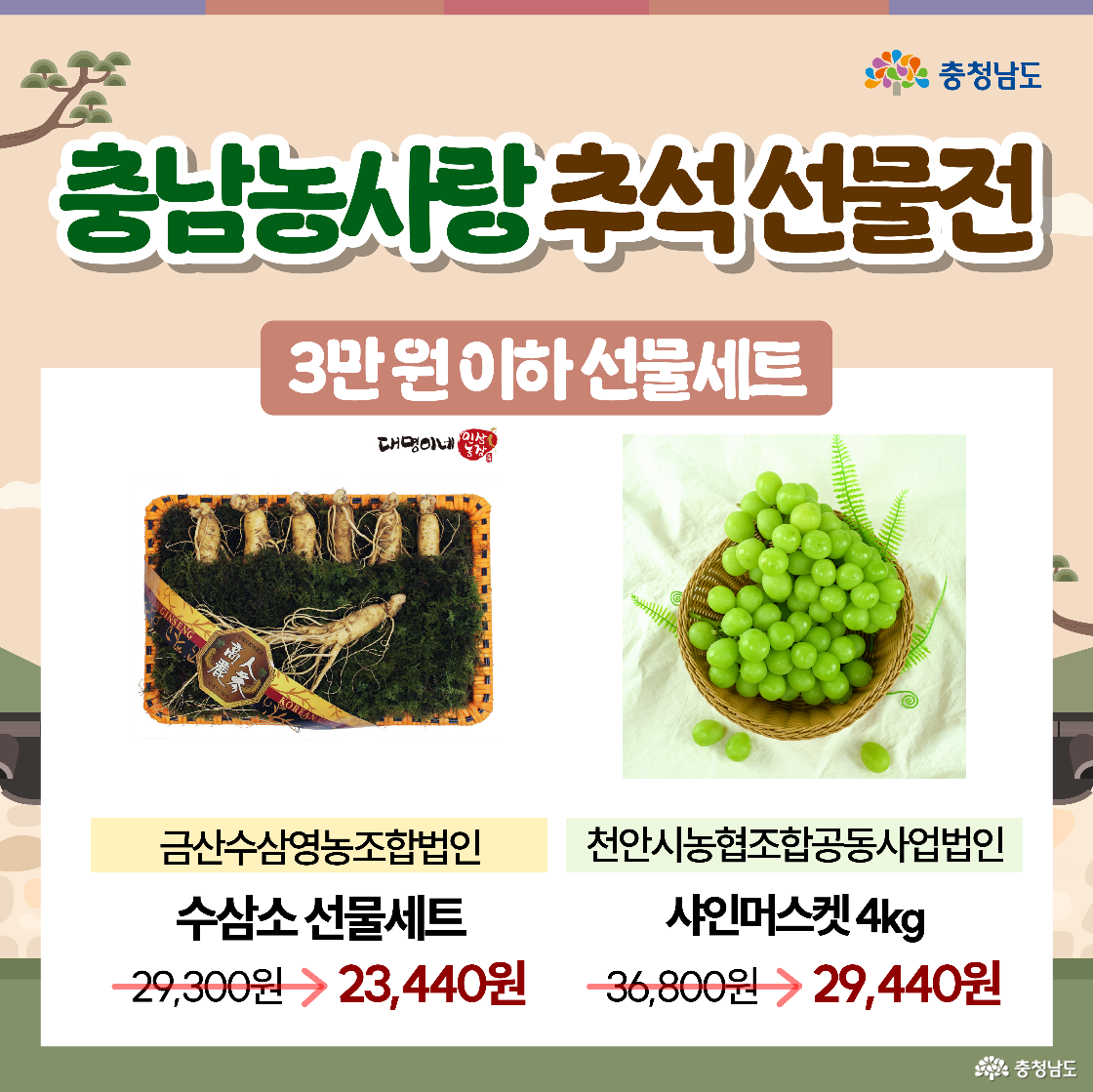 “3만 원 이하 선물세트” 코너로 좌측엔 금산수삼영농조합 수삼소 선물세트 사진과 ‘29,300원 → 23,440원’ 문구가 보인다. 우측엔 천안시농협조합공동사업법인 샤인머스캣 4kg 사진과 ‘36,800원 → 29,440원’ 할인가가 표시된다. 인삼 바구니와 초록 포도 사진이 크게 배치됐다.