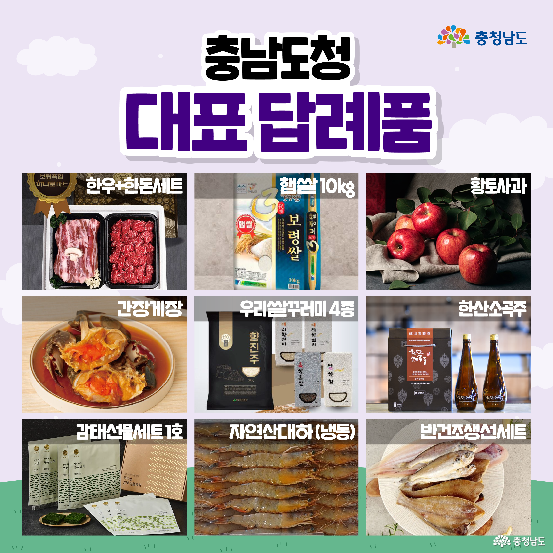 충청남도 대표 답례품을 소개하는 포스터입니다. 한우, 햅쌀, 사과 등 다양한 농축수산물과 가공품 이미지가 격자 형태로 배열되어 있습니다. 각 답례품의 이름이 명확히 표시되어 있습니다.