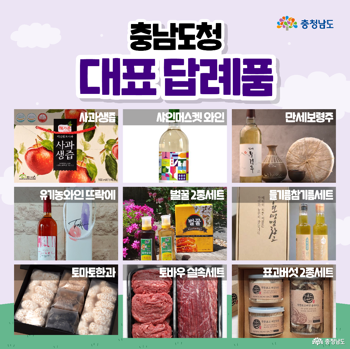 또 다른 충청남도 대표 답례품 포스터입니다. 사과생즙, 와인, 벌꿀세트, 들기름참기름세트 등 건강식품과 특산물이 다양하게 진열되어 있습니다. 이미지 아래에는 각 답례품의 이름이 적혀있습니다.