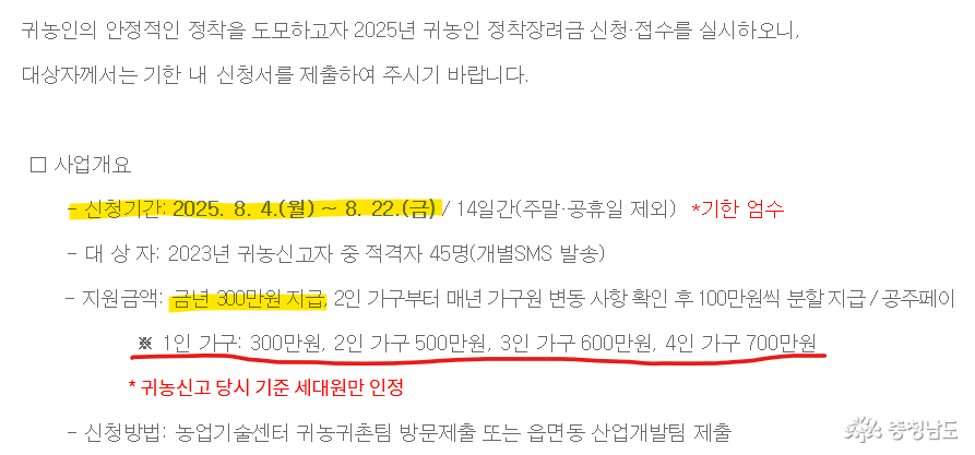 ※ 지원금 금액: 1인 가구 300만 원, 2인 가구 500만 원, 3인 가구 600만 원, 4인 가구 700만 원 공주페이 지역화폐로 지급