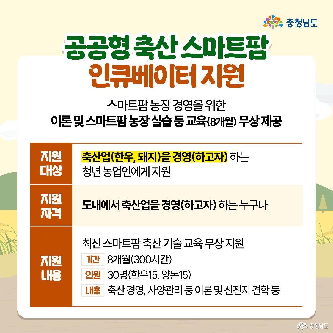 공공형 축산 스마트팜 인큐베이터 지원이라는 제목 아래 스마트팜 농장 경영을 위한 이론과 스마트팜 농장 실습 등 교육을 8개월간 무상 제공한다는 내용이 담겨 있습니다. 지원 대상은 축산업을 경영하고자 하는 청년농업인이며, 지원 자격으로는 도내에서 축산업을 경영하고자 하는 누구나 가능하다고 명시되어 있습니다. 지원 내용은 최신 스마트팜 축산 기술 교육 무상 지원으로 기간 8개월 300시간, 인원 30명, 내용은 축산 경영과 사양관리 등 이론 및 선진지 견학 등으로 구성됩니다.