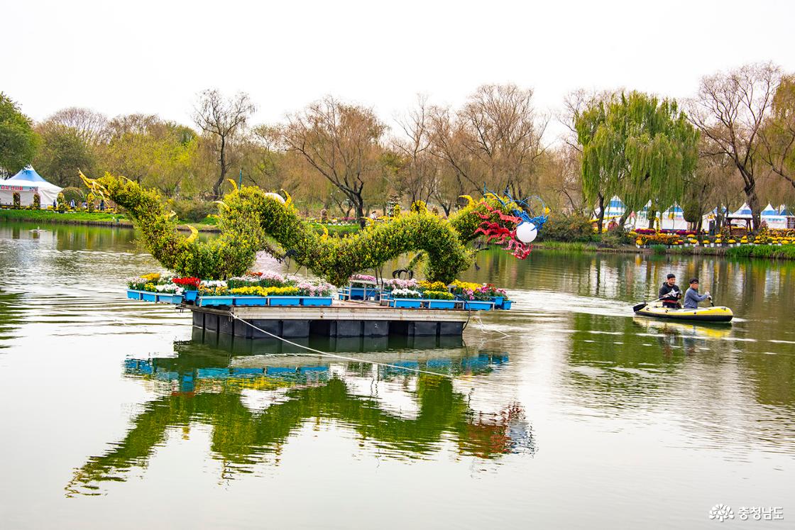 궁남지의 국화 용 조형물