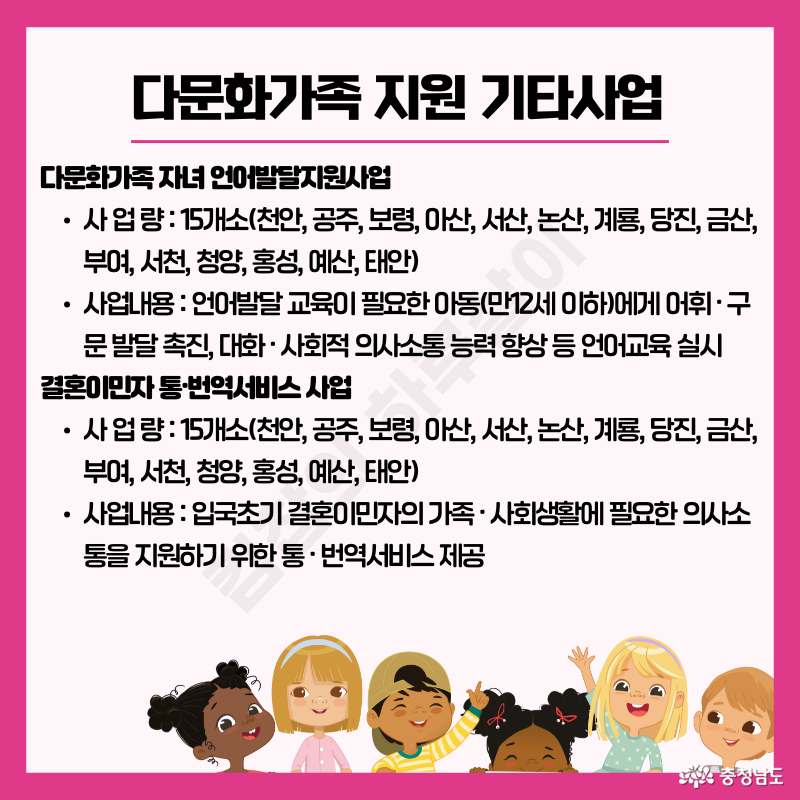 ✅ 추가 지원 사업 언어발달지원 사업: 만 12세 이하 아동에게 언어교육 제공 통&middot;번역 서비스: 결혼이민자 대상 일상생활 통역 지원 등