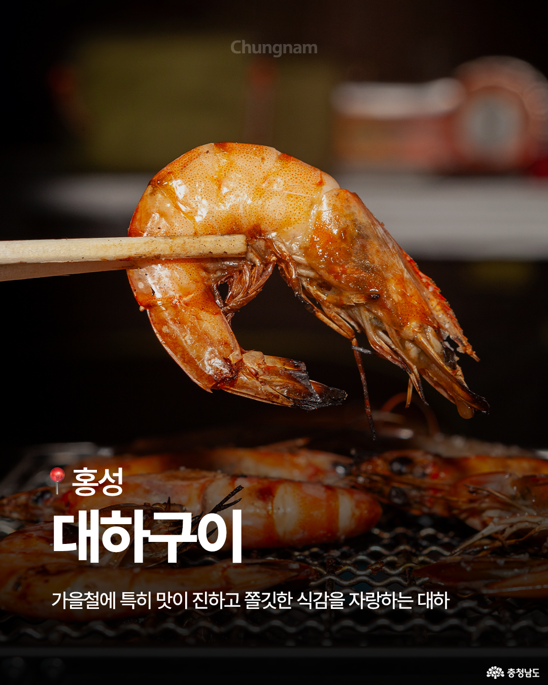 젓가락으로 구운 대하를 집은 장면으로, 대하의 붉은 껍질과 촉촉한 윤기가 식욕을 자극합니다. 뒷배경에는 불판 위에서 구워지는 대하 여러 마리가 보이며, “홍성 대하구이 – 가을철에 특히 맛이 진하고 쫄깃한 식감을 자랑하는 대하”라는 문구가 포함되어 있습니다. 대하 특유의 짙은 붉은빛과 불향이 강조된 사진입니다.