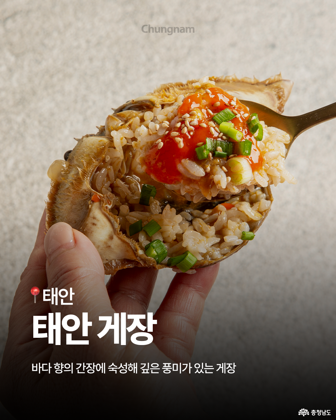 손에 든 숟가락 위에 간장게장 밥 한입이 담겨 있고, 게살과 참기름, 깨소금, 파채가 어우러진 장면입니다. 배경은 밝은 회색 톤으로, 하단에는 “태안 계장 – 바다 향의 간장에 숙성해 깊은 풍미가 있는 계장”이라는 문구가 보입니다. 간장게장 특유의 짭조름한 윤기와 밥알의 질감이 선명하게 표현된 이미지입니다.