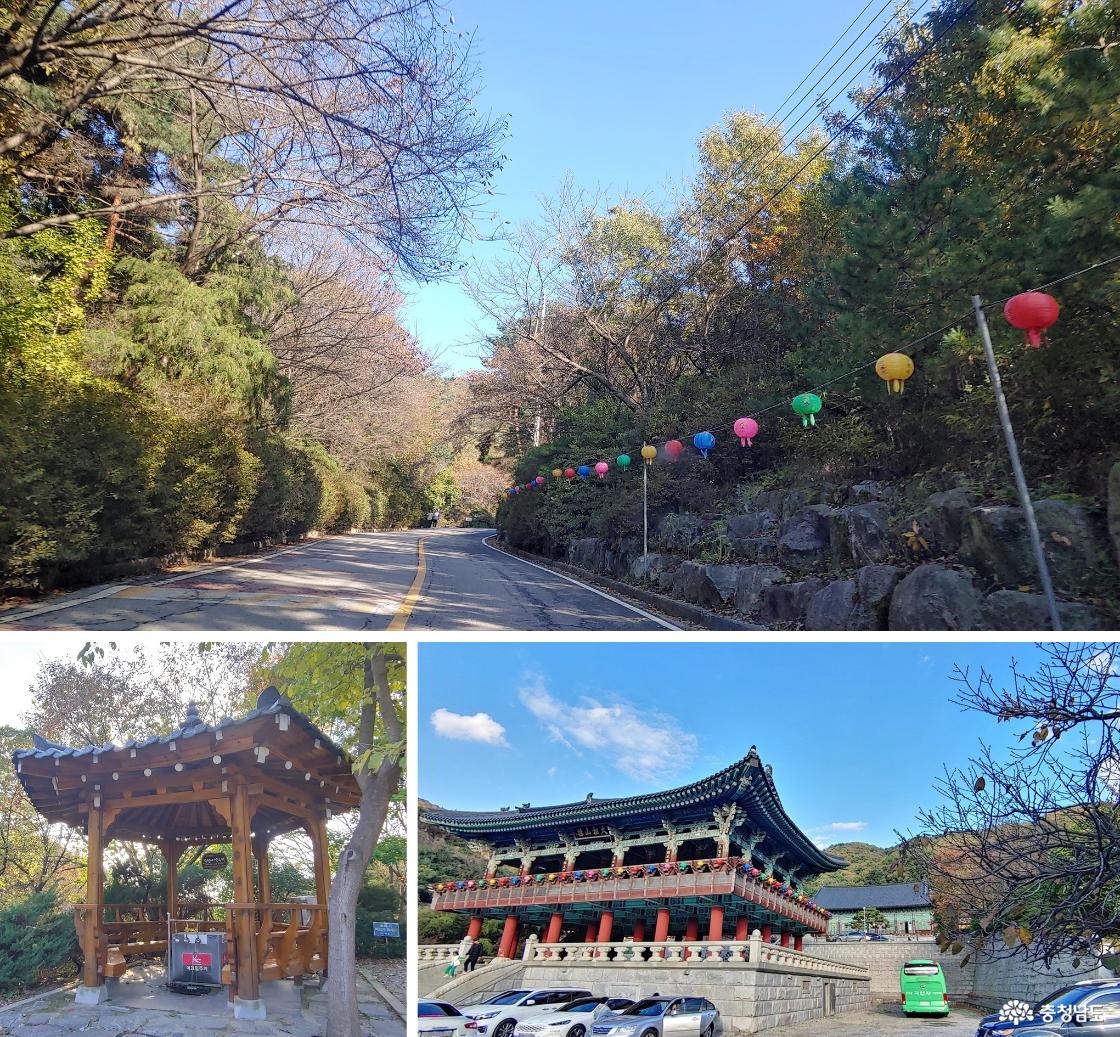 각원사 오르는 태조산 자락 길 / 주차장 한편에 있는 각원사 약수터 / '태조산루' 앞쪽 주차장