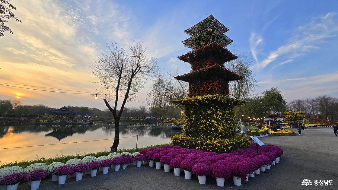 정림사지 5층 석탑 뒤로 노을이 예쁘게 물들고 있다,