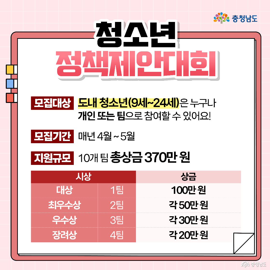 충청이와 충나미가 나란히 서서 정책 관련 자료를 들고 토론하는 장면입니다. 충청이는 태블릿을 들고 있고, 충나미는 메모장을 들고 대화하고 있으며, 배경에는 통계 그래프가 있습니다. 상단에는 “정책을 배우고, 제안하고, 실현하다 청소년 정책제안대회에 참여해 보세요!”라는 문구가 강조되어 있습니다.