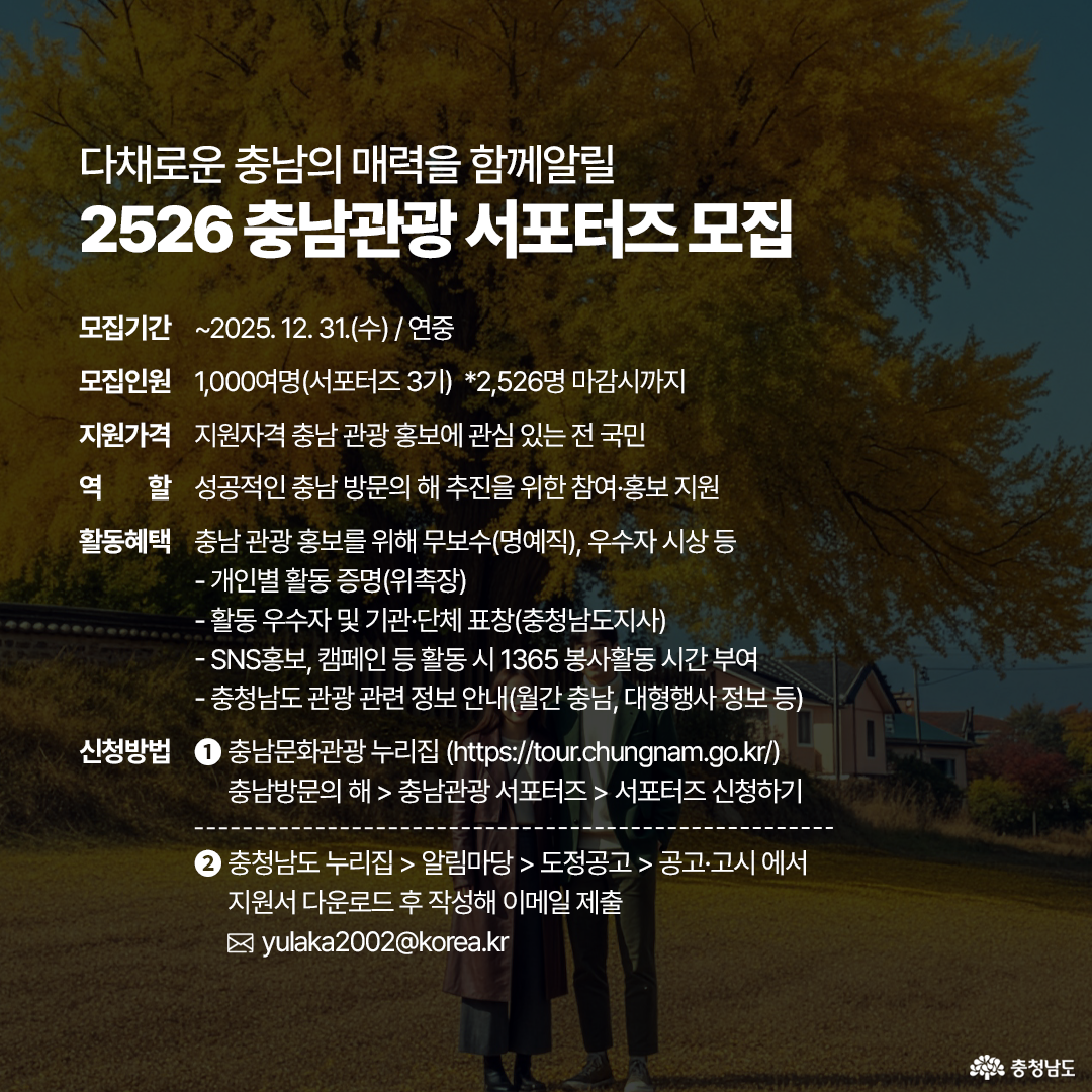 노랗게 물든 은행나무를 배경으로 ‘2526 충남관광 서포터즈 모집’ 안내문이 중앙에 크게 배치되어 있습니다. 모집 기간, 지원 자격, 활동 혜택, 신청 방법이 자세히 정리되어 있으며, 하단에는 이메일 주소와 홈페이지 안내가 포함되어 있습니다. 배경의 은행나무는 가을 햇살에 빛나며 충남의 아름다움을 상징합니다.