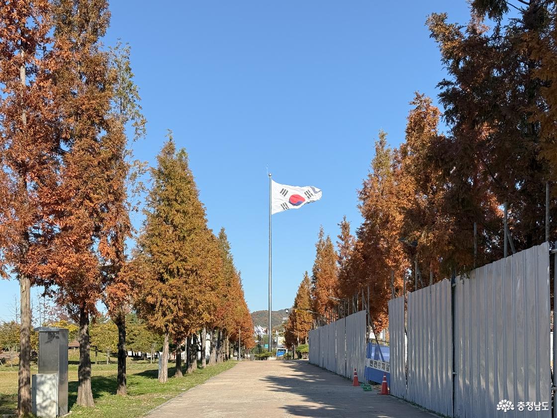 공원 중심에서 휘날리는 태극기