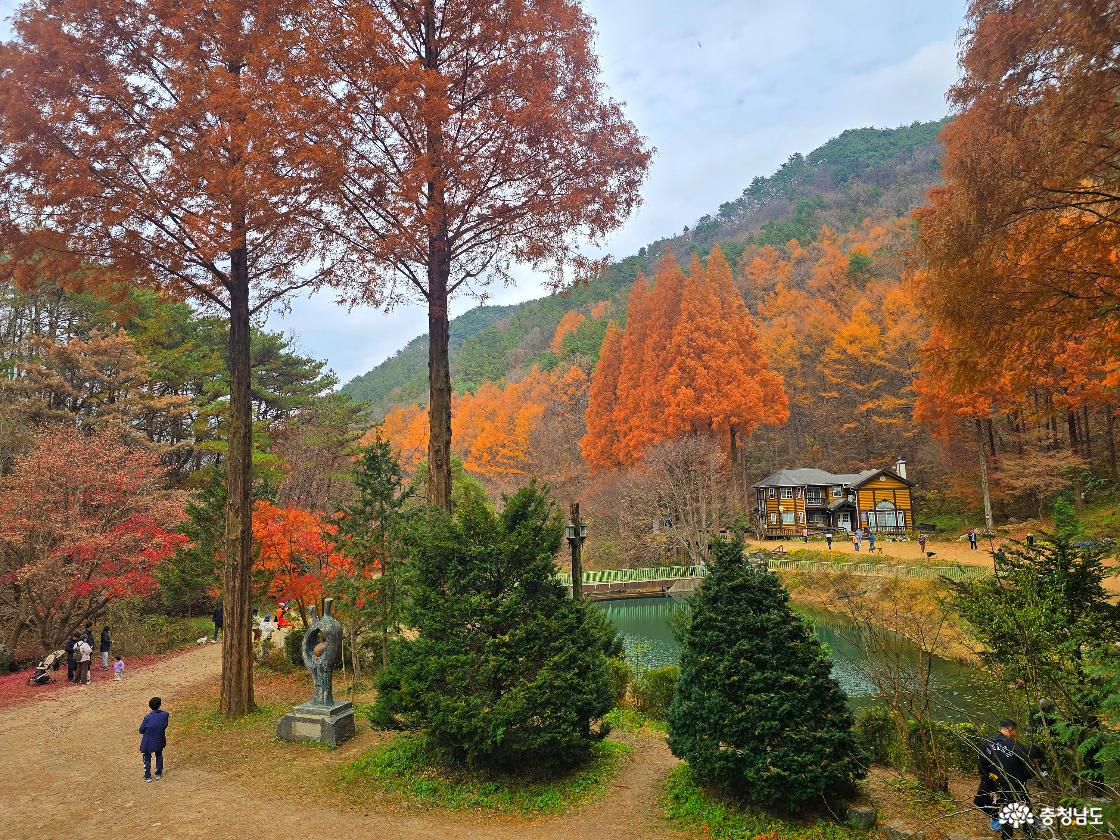 가을빛으로 붉게 물든 키 큰 나무들이 산비탈을 따라 줄지어 서 있고, 가운데 작은 연못과 그 옆에 노란색과 갈색이 섞인 2층 목조 건물이 보인다. 앞쪽에는 다양한 모양의 나무들과 작은 조각상이 있으며, 몇몇 사람들이 산책하거나 사진을 찍고 있다. 전체적으로 가을 단풍이 짙게 물든 산림과 연못이 어우러진 풍경이다.