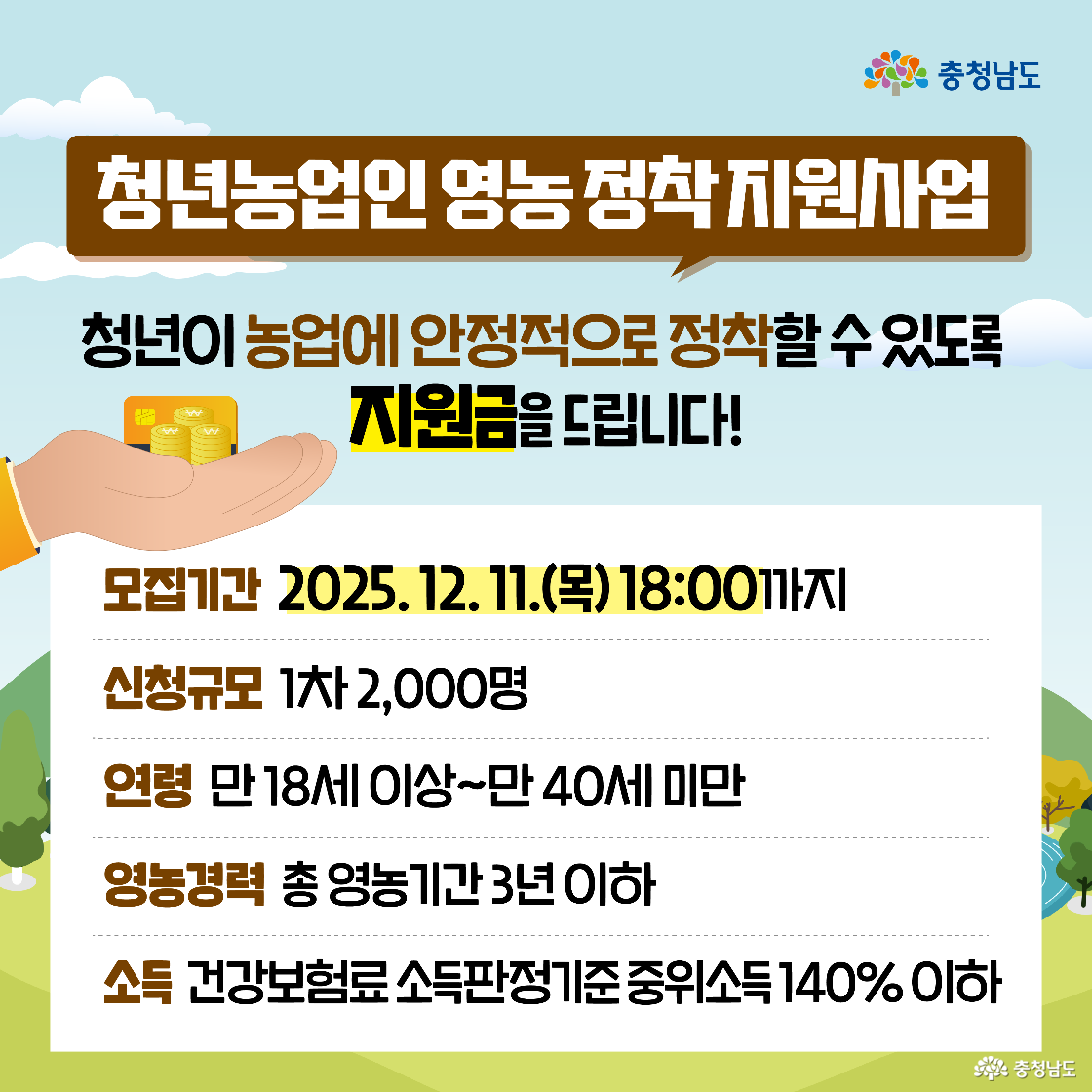 ‘청년농업인 영농 정착 지원사업’에 대한 모집 공고로, 지원금을 건네는 손 일러스트와 함께 청년이 농업에 안정적으로 정착하도록 돕겠다는 문구가 강조되어 있습니다. 모집 기간은 2025년 12월 11일 18시까지이며, 만 18세 이상 40세 미만의 영농 경력 3년 이하인 청년 2,000명을 선발한다는 자격 요건이 명시되어 있습니다.