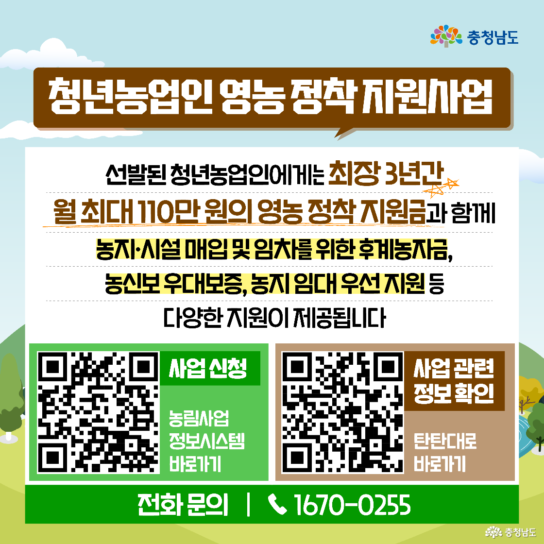 선발된 청년 농업인에게 제공되는 혜택을 안내하는 이미지로, 최장 3년 동안 월 최대 110만 원의 정착 지원금과 후계농 자금, 농신보 우대보증 등의 지원 내용이 상세히 적혀 있습니다. 하단에는 ‘사업 신청’과 ‘정보 확인’을 위한 두 개의 QR코드와 함께, 문의를 위한 전화번호 1670-0255가 녹색 바 위에 굵은 흰색 글씨로 안내되어 있습니다.