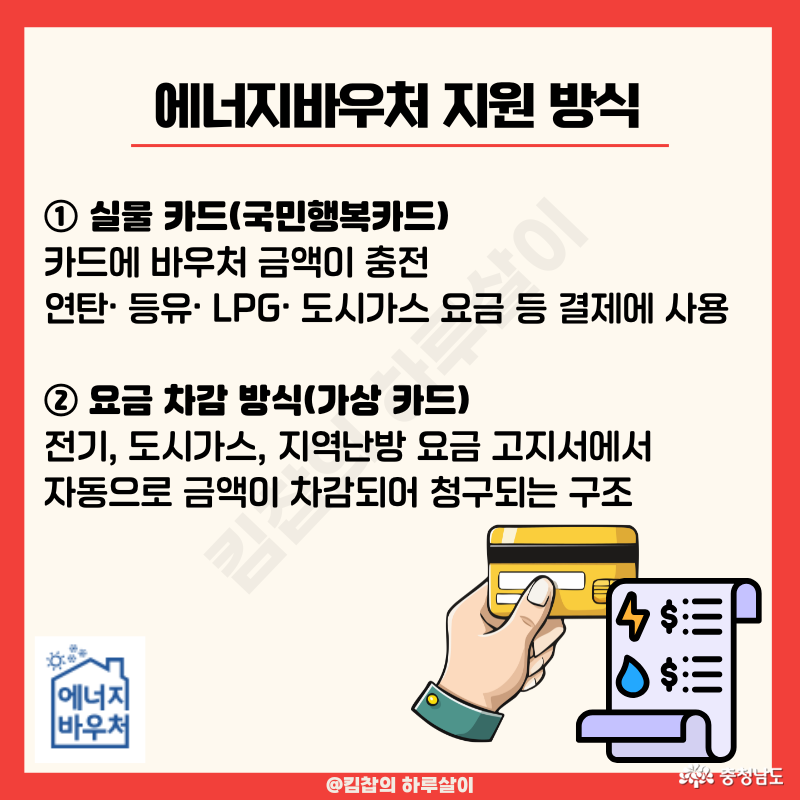 ① 실물 카드(국민행복카드) 카드에 바우처 금액이 충전 연탄&middot; 등유&middot; LPG &middot; 도시가스 요금 등 결제에 사용 ② 요금 차감 방식(가상 카드) 전기, 도시가스, 지역난방 요금 고지서에서 자동으로 금액이 차감되어 청구되는 구조