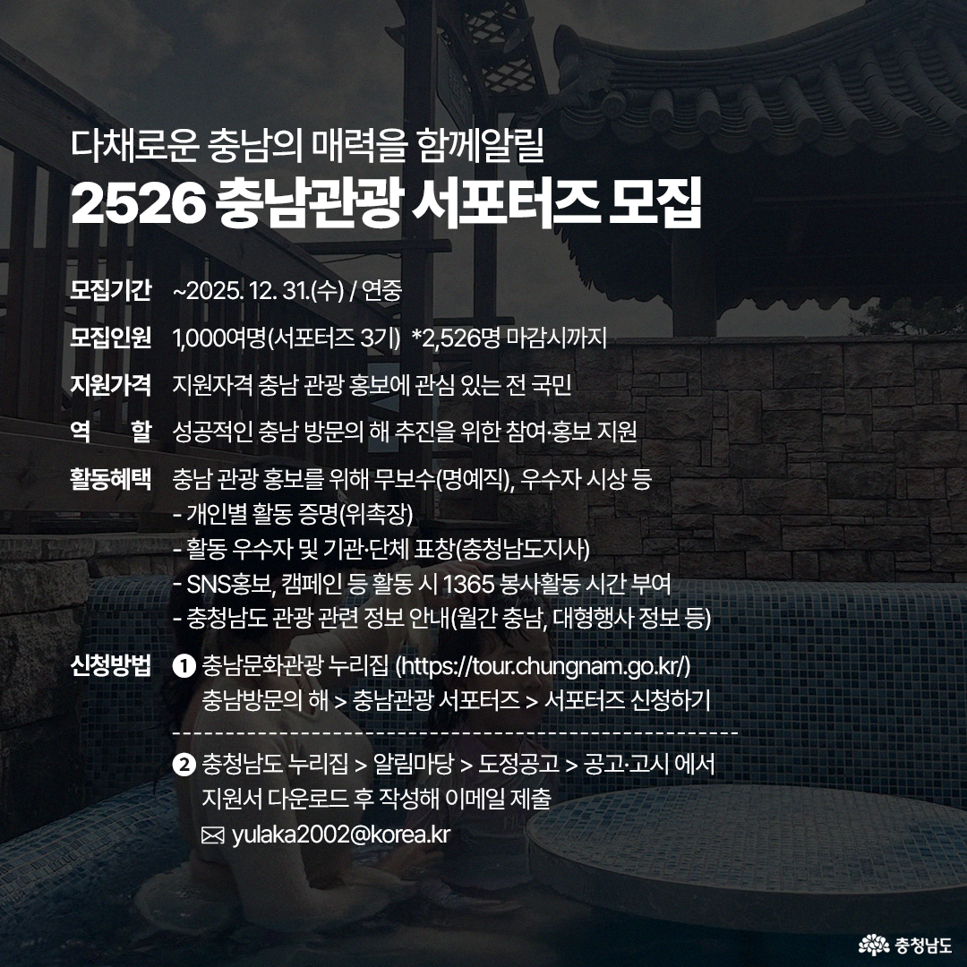 &lsquo;2526 충남관광 서포터즈 모집&rsquo; 공고 이미지로, 어두운 배경 위로 흰색 텍스트가 명확하게 적혀 있습니다. 2025년 12월 31일까지 충남 관광 홍보에 관심 있는 전 국민 1,000여 명을 모집하며, 활동 혜택과 신청 방법 등 상세 정보가 안내되어 있습니다.