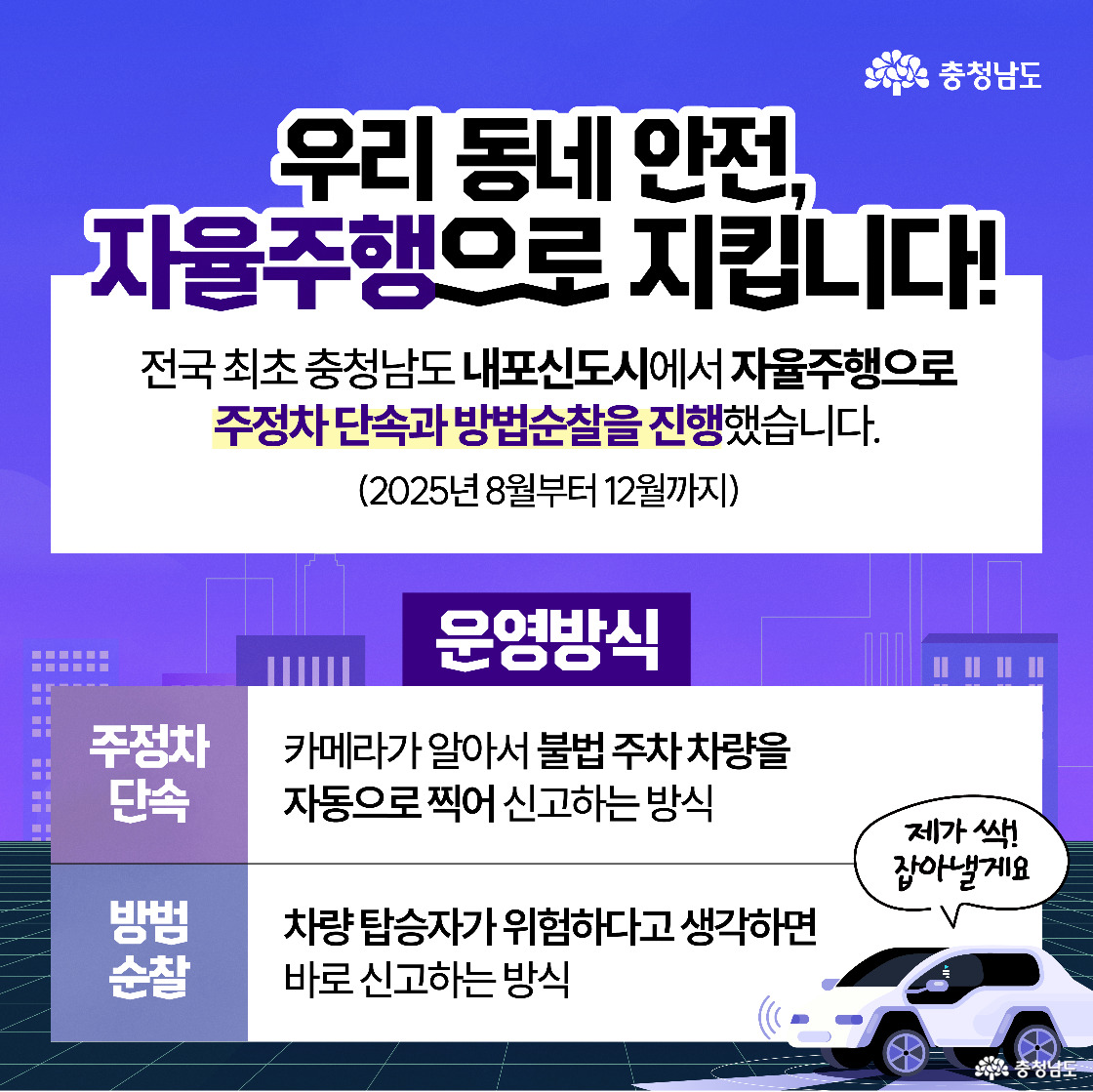 &lsquo;우리 동네 안전, 자율주행으로 지킵니다!&rsquo;라는 문구와 함께 내포신도시에서 전국 최초로 자율주행 차량을 이용한 주정차 단속과 방범 순찰을 진행한다는 소식입니다. 카메라가 불법 주차 차량을 자동으로 찍어 신고하는 주정차 단속 기능과, 탑승자가 위험을 감지하면 바로 신고하는 방범 순찰 기능을 설명하고 있습니다. 우측 하단에는 흰색 자율주행 차가 