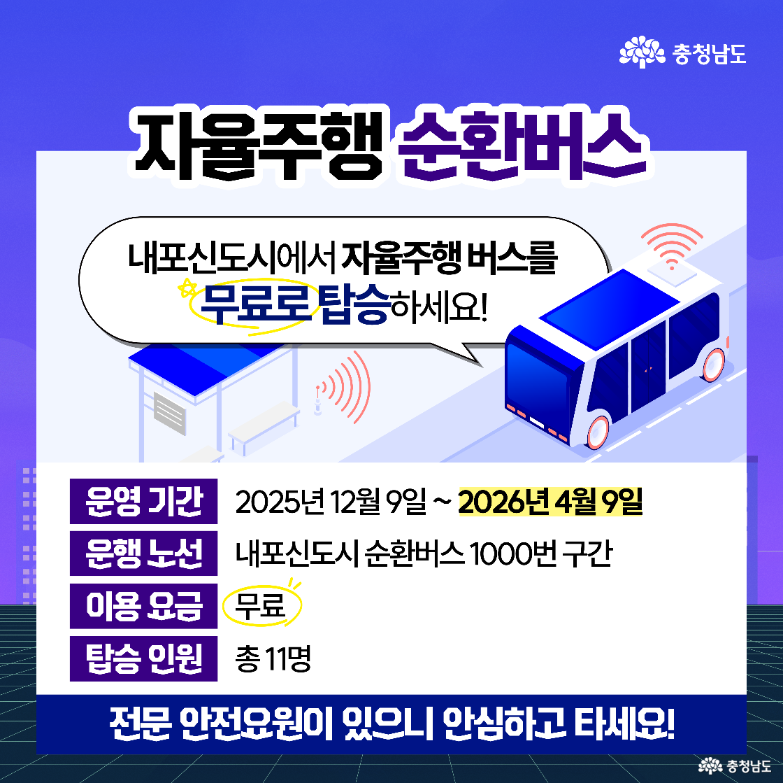 &lsquo;자율주행 순환버스&rsquo; 안내 이미지로, 내포신도시에서 2025년 12월 9일부터 2026년 4월 9일까지 무료로 탑승할 수 있다는 정보를 담고 있습니다. 1000번 순환버스 구간을 운행하며 총 11명이 탑승 가능하고, 전문 안전요원이 동승하여 안심하고 탈 수 있음을 파란색 버스 그림과 함께 강조합니다.