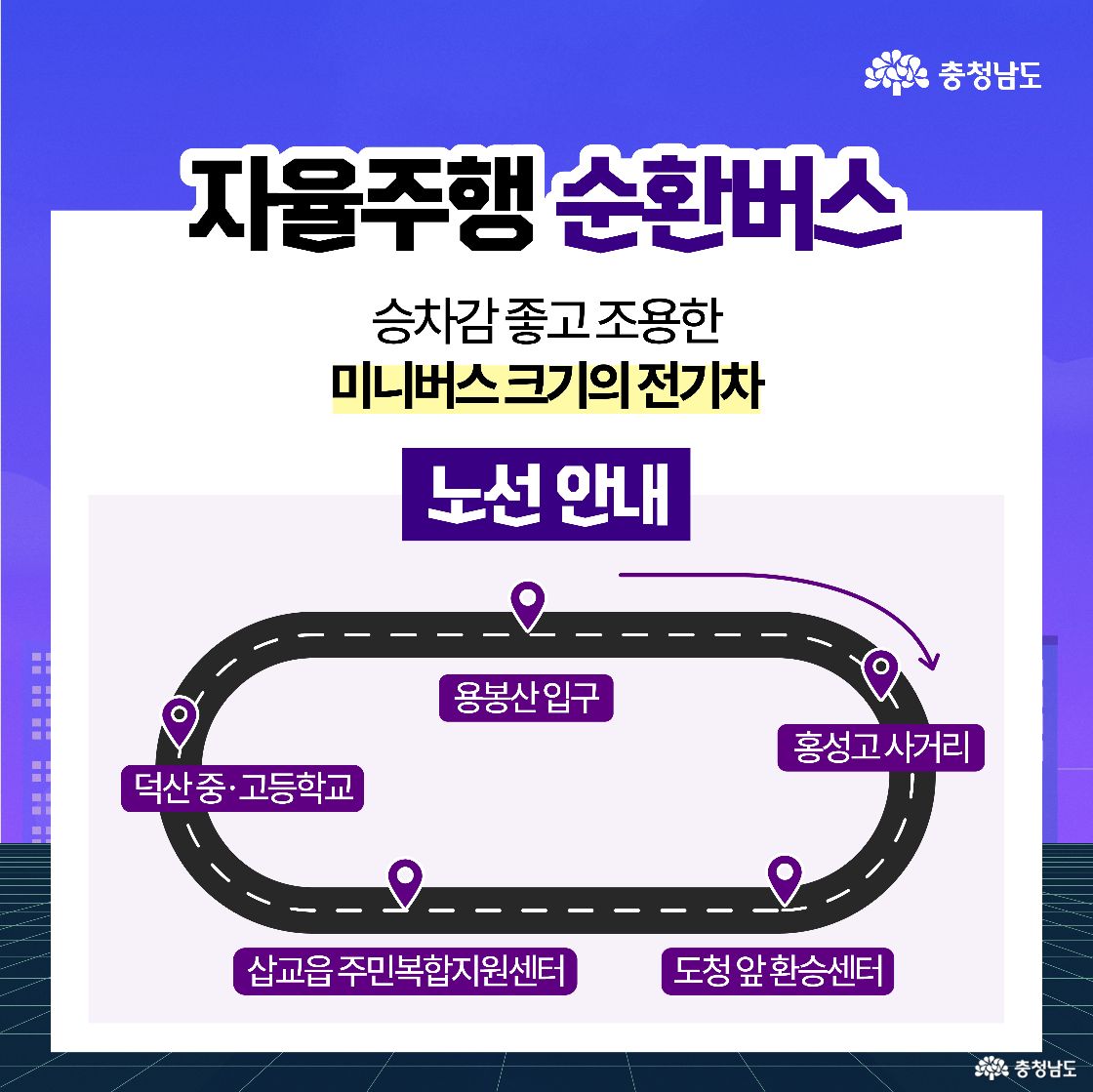 &lsquo;자율주행 순환버스&rsquo;의 노선 안내도로, 승차감 좋고 조용한 미니버스 크기의 전기차라는 설명이 적혀 있습니다. 용봉산 입구를 시작으로 홍성고 사거리, 도청 앞 환승센터, 삽교읍 주민복합지원센터, 덕산중&middot;고등학교를 거쳐 다시 돌아오는 타원형 순환 노선을 보여줍니다.