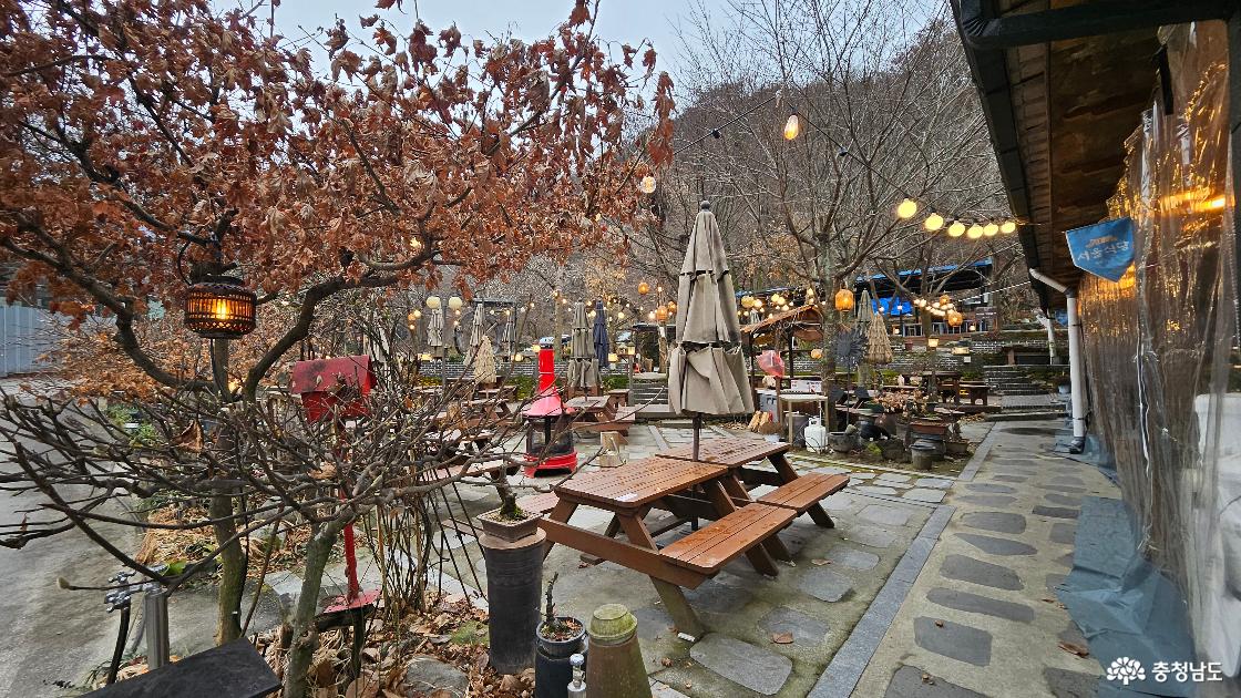 나무들과 테이블들로 잘 꾸며진 갑사 서울식당 야외 정원 모습의 사진임