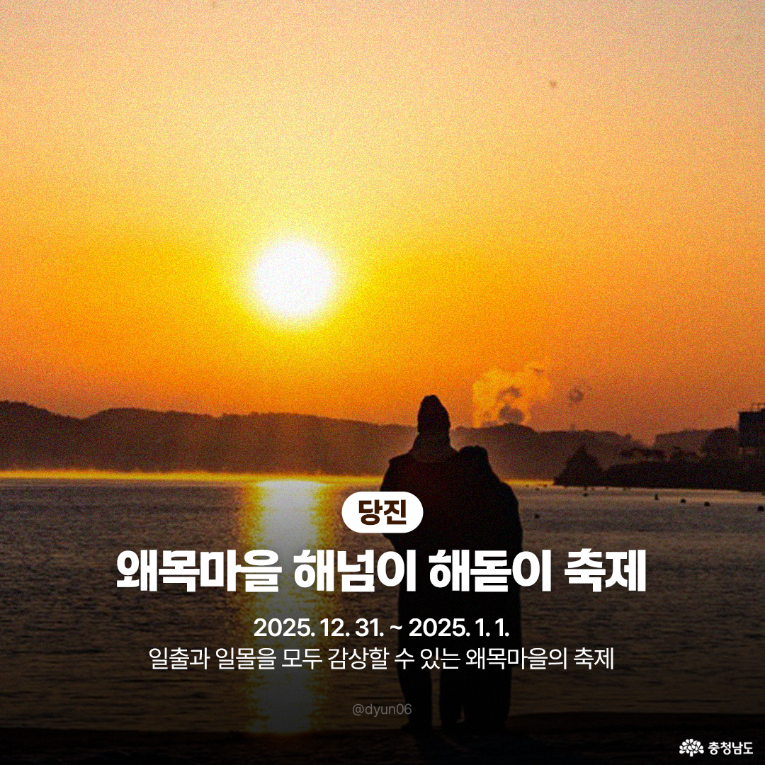 붉게 타오르는 태양이 바다 위로 떠오르는 장관을 배경으로 두 사람이 나란히 서서 일출을 바라보는 뒷모습이 실루엣으로 담겨 있습니다. &lsquo;당진 왜목마을 해넘이 해돋이 축제&rsquo;라는 제목과 함께, 일출과 일몰을 모두 감상할 수 있는 왜목마을의 특징을 소개하고 있습니다.