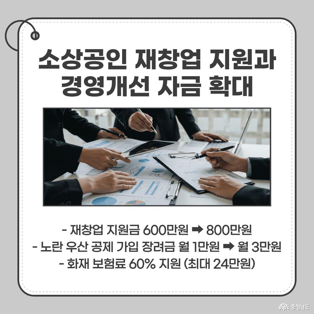 소상공인 지원금을 설명하고 있다 (재창업 지원금 800만원, 노란 우산 공제 가입 장려금 월 3만원, 화재 보험료 60% 지원)