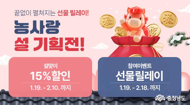 분홍색 배경의 설 기획전 포스터. 상단에 &ldquo;끝없이 펼쳐지는 선물 릴레이!&rdquo; 문구와 함께 &ldquo;농사랑 설 기획전!&rdquo;이라는 큰 제목이 표시되어 있다. 오른쪽에는 복주머니 위에 앉은 소 캐릭터와 동전 일러스트가 배치되어 있다. 왼쪽에는 &ldquo;설맞이 15% 할인, 1월 19일부터 2월 10일까지&rdquo;라는 안내 문구가 있으며, 오른쪽에는 &ldquo;참여이벤트 선물릴레이, 1월 19일부터 2월 18일까지&rdquo;라는 이벤트 안내 문구가 있다.
