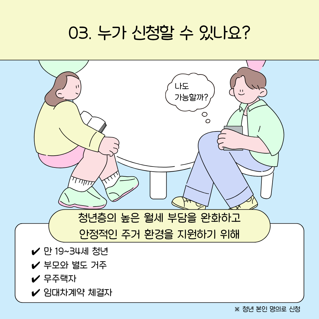 부모와 따로 거주하는 만 19~34세 무주택 청년이 신청 대상임을 설명하는 이미지입니다.