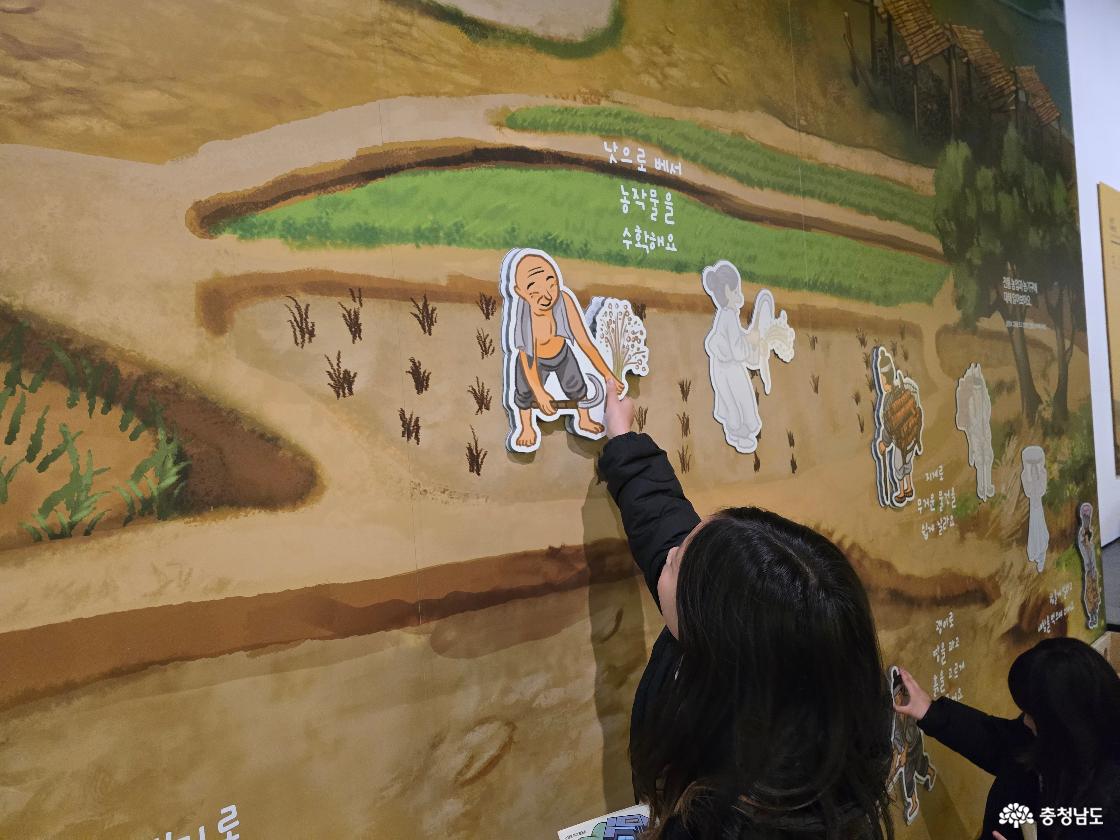 농경 생활을 설명하는 벽면 체험 전시를 체험하는 어린이