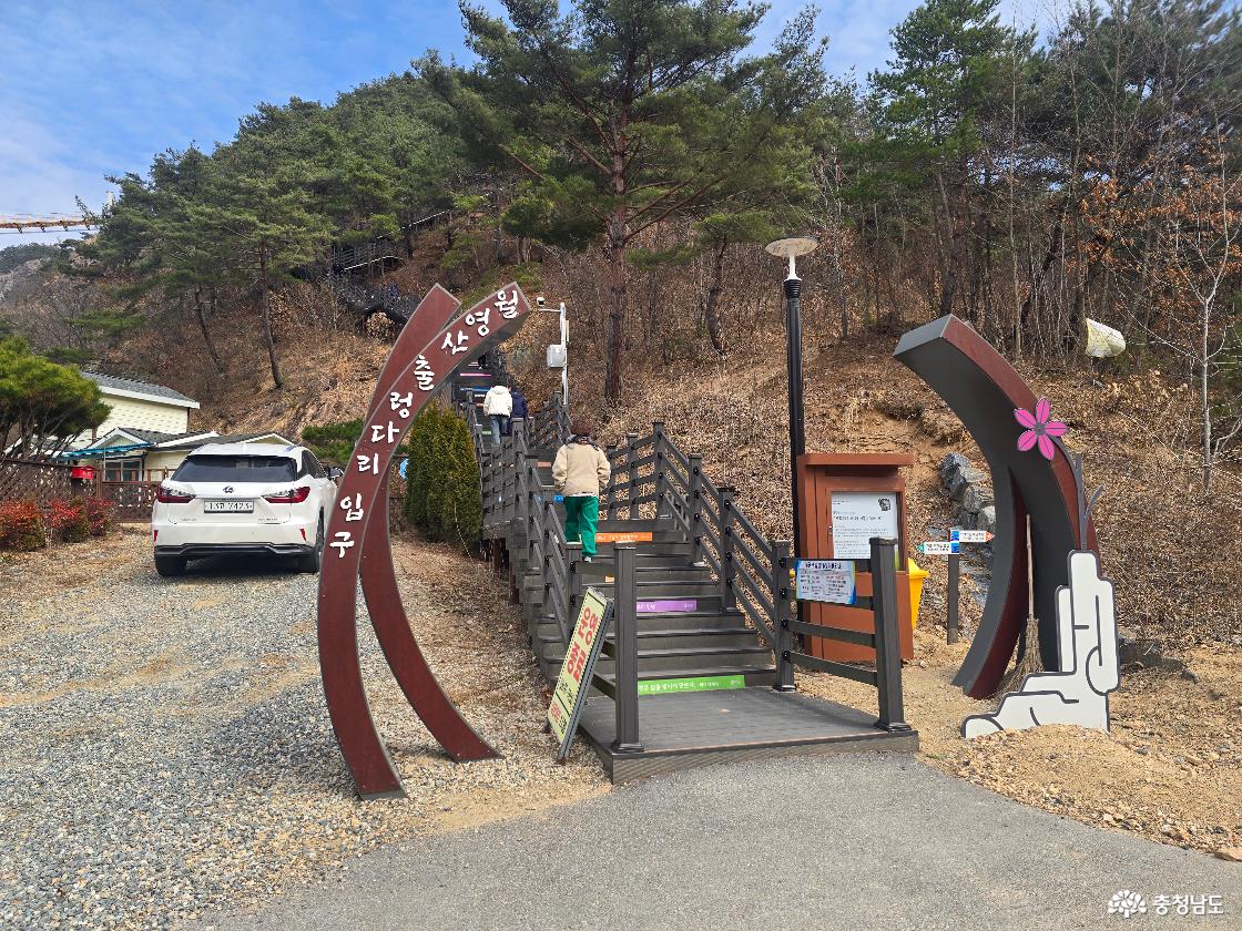 금산 월영산 출렁다리 입구 계단 시작 지점, 안내 조형물과 함께 등산로 초입 풍경