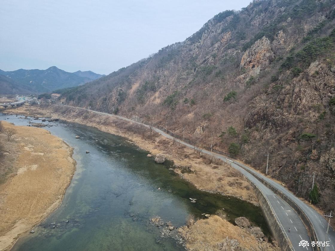 월영산 출렁다리에서 내려다본 금강 풍경, 마을과 다리가 함께 보이는 전경