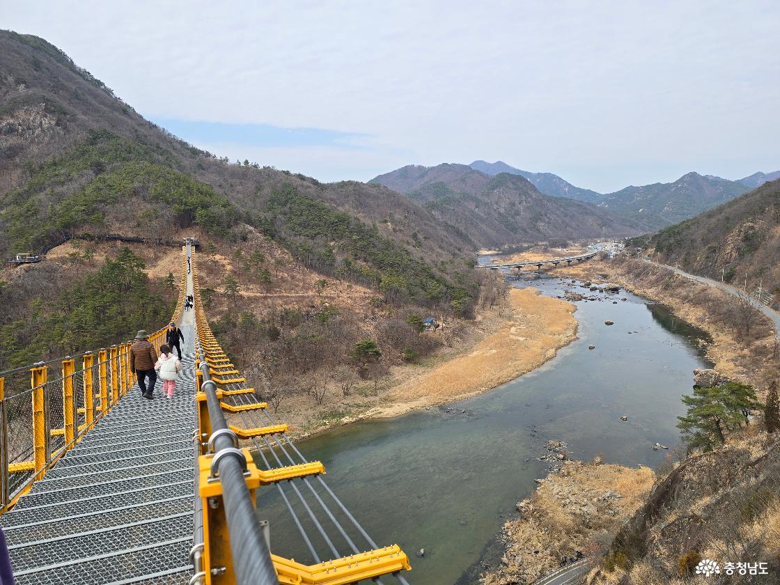 금산 월영산 출렁다리 위에서 바라본 금강 전경, 강과 산이 어우러진 탁 트인 풍경과 다리 위를 걷는 가족 모습