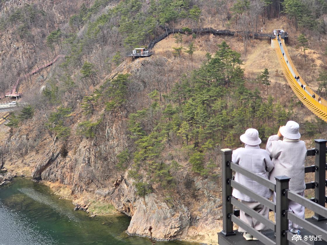 금산 월영산 출렁다리 전망대에서 바라본 풍경, 방문객이 다리를 배경으로 사진을 찍는 모습과 절벽 아래 금강 전경