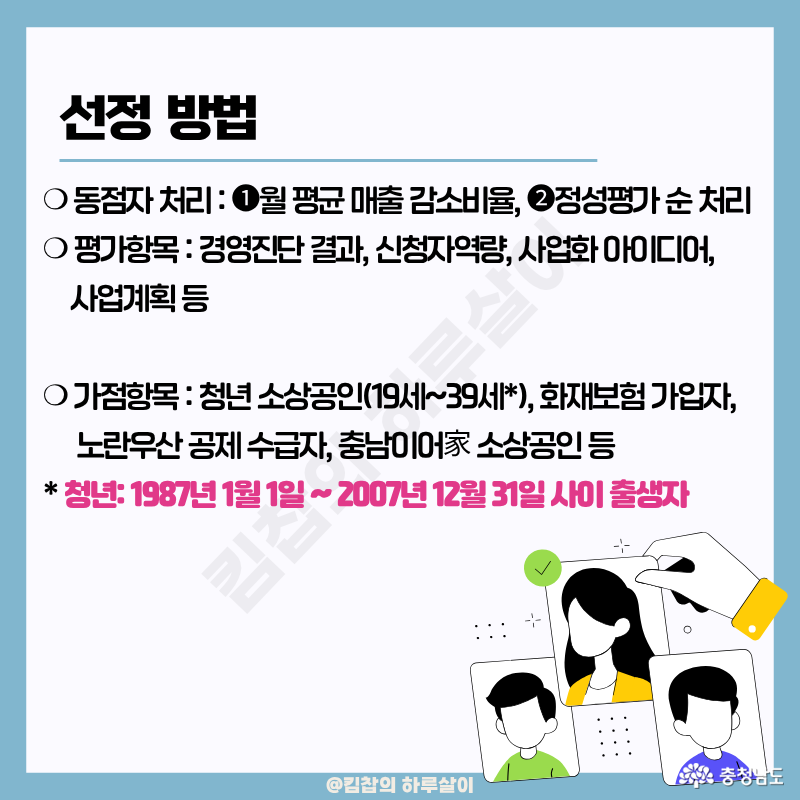 동점자 처리 1) 월평균 매출 감소비율 2) 정성평가 순 처리 / 평가항목: 경영진단 결과, 신청자 역량, 사업화 아이디어, 사업계획 등/ 가점항목: 청년 소상공인, 화재보험 가입자, 노란우산 공제 수급자, 충남이어家 소상공인 등