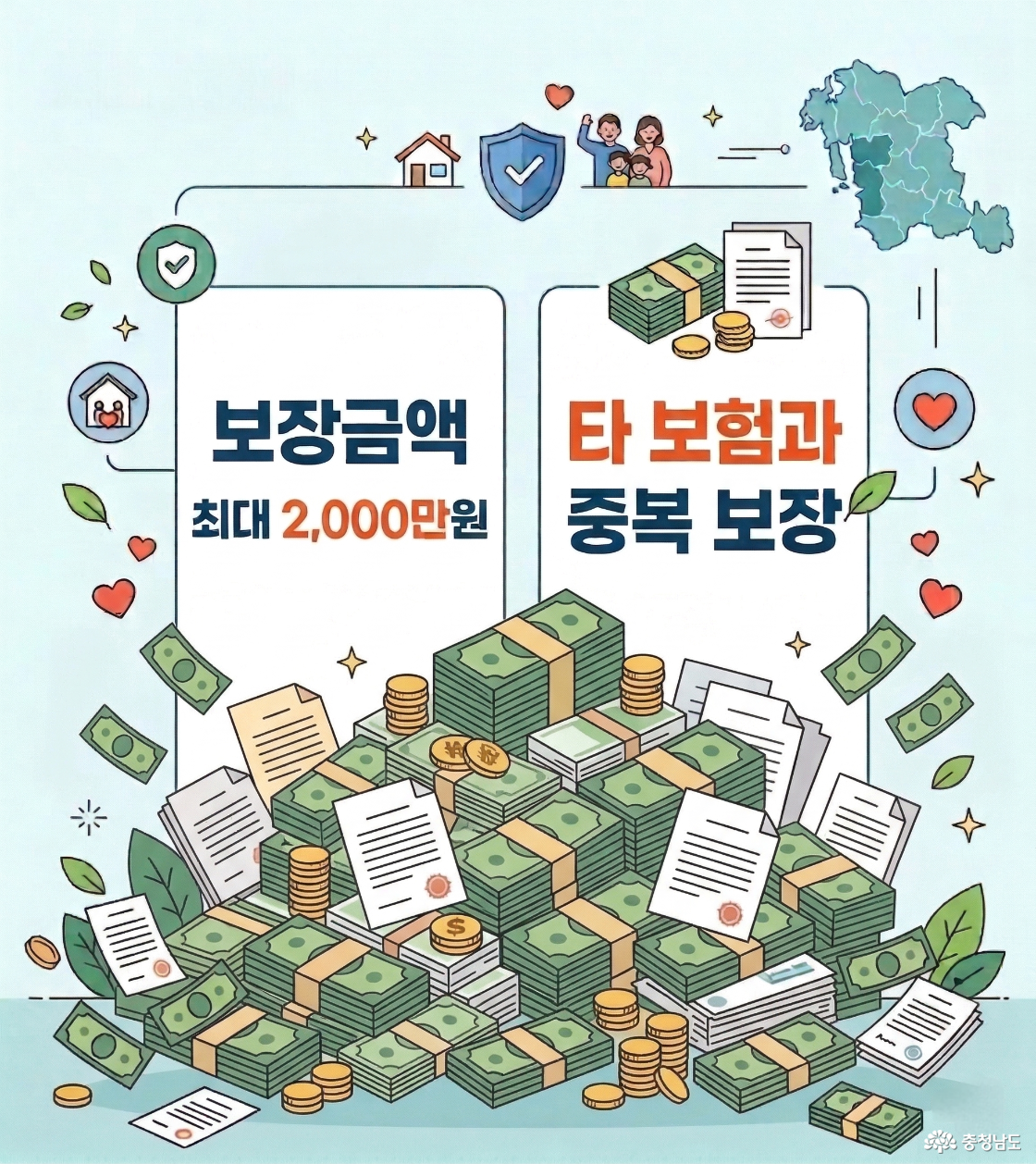 충청남도 도민안전보험 보장금액 최대 2,000만원, 타 보험과 중복 보장 가능.