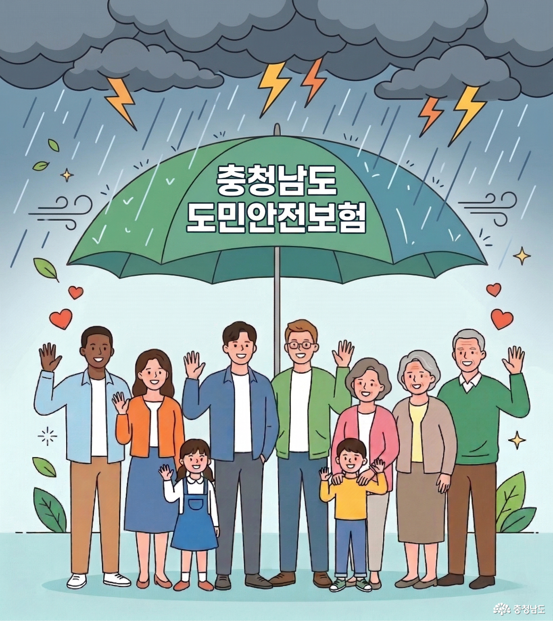 충청남도 도민이 충청남도 도민안전보험이라는 커다란 우산 아래에서 비바람과 번개를 피하고 있는 모습.
