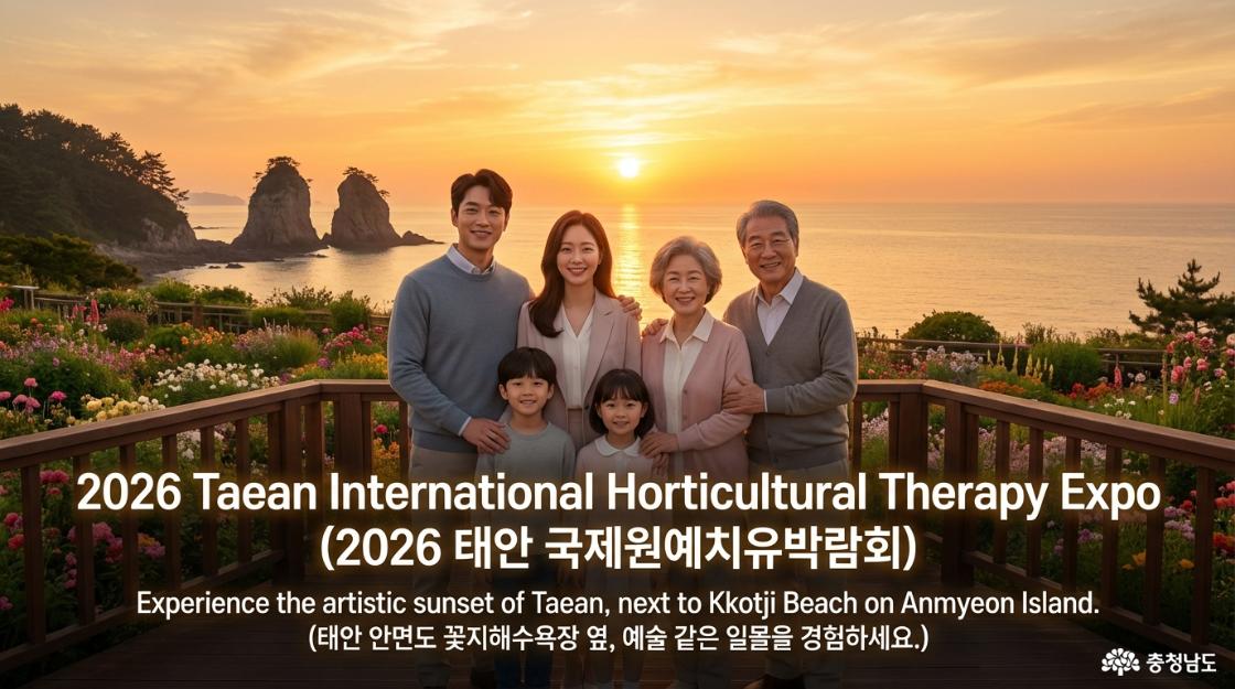 태안 안면도 꽃지해수욕장의 아름다운 일몰을 배경으로 3대 가족이 테라스에서 미소 짓고 있는 모습. 이미지 하단에 '2026 Taean International Horticultural Therapy Expo' 영문 명칭과 일몰 경험을 권유하는 문구가 적혀 있음.
