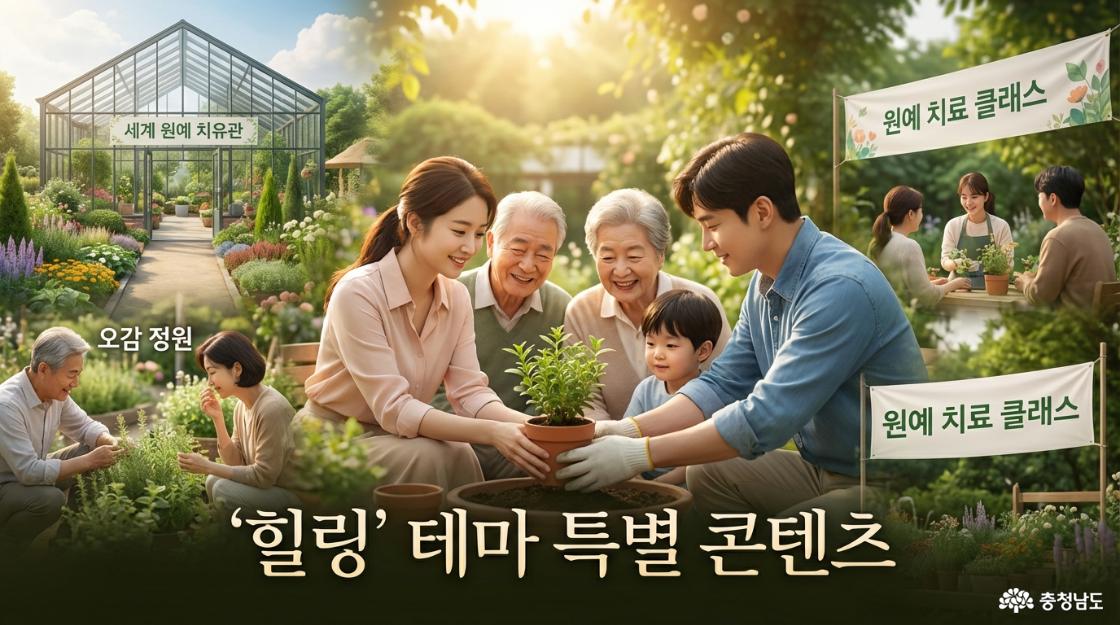 원예 치유 박람회의 특별 콘텐츠를 소개하는 이미지. '세계 원예 치유관', '오감 정원', '원예 치료 클래스' 등 주요 프로그램 명칭이 기재되어 있으며, 가족들이 함께 식물을 가꾸고 향기를 맡으며 치유하는 평화로운 장면을 묘사함.