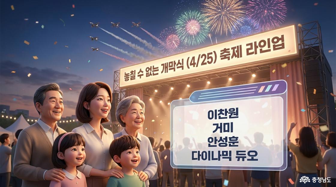 4월 25일 개막식 축제 라인업을 홍보하는 이미지. 화려한 불꽃놀이와 에어쇼가 펼쳐지는 밤의 무대 공연장을 배경으로 가족들이 즐거워하고 있음. 우측에는 출연 가수인 이찬원, 거미, 안성훈, 다이나믹 듀오의 이름이 명시됨.