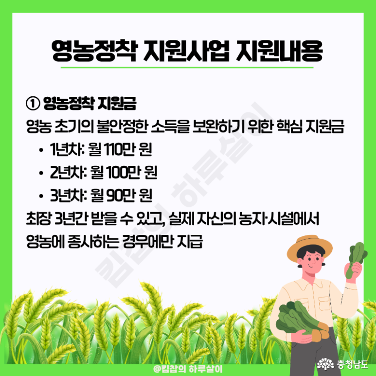 1. 영농정착 지원금 : 지원금은 1년 차 월 110만 원, 2년 차 월 100만 원, 3년 차 월 90만 원