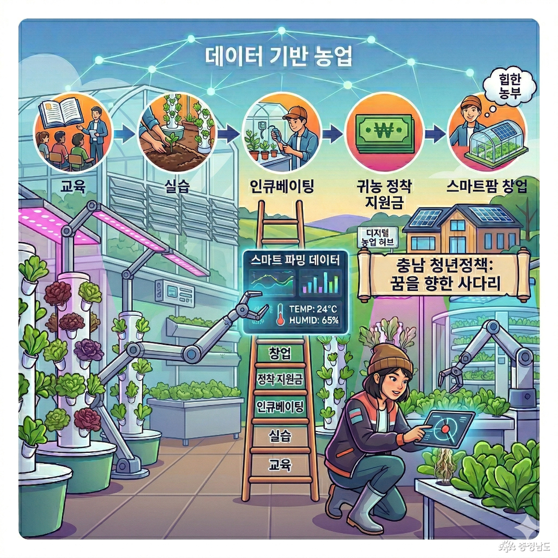 교육 → 실습 → 인큐베이팅 → 귀농 정착 지원금 → 스마트팜 창업까지 이어지는 사다리를 쭉 이어서 지원해 준다