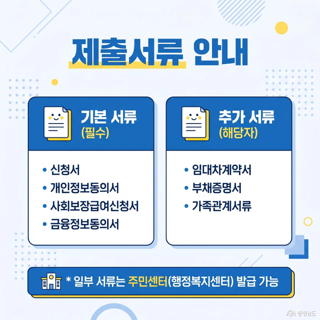 제출서류 안내 이미지로, 기본 서류와 추가 서류가 구분되어 있다. 기본 서류는 신청서, 개인정보동의서, 사회보장급여신청서, 금융정보동의서이며, 추가 서류는 임대차계약서, 부채증명서, 가족관계서류 등 해당자에 한해 제출한다. 일부 서류는 주민센터에서 발급 가능하다는 안내가 포함되어 있다.