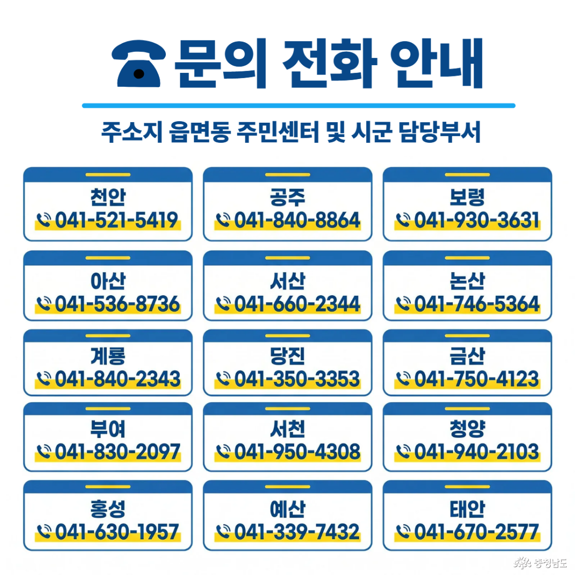 문의 전화 안내 이미지로, 충청남도 각 시군 담당 부서 및 주민센터 연락처가 정리되어 있다. 천안, 공주, 보령, 아산, 서산, 논산, 계룡, 당진, 금산, 부여, 서천, 청양, 홍성, 예산, 태안 등 지역별 전화번호가 포함되어 있다.