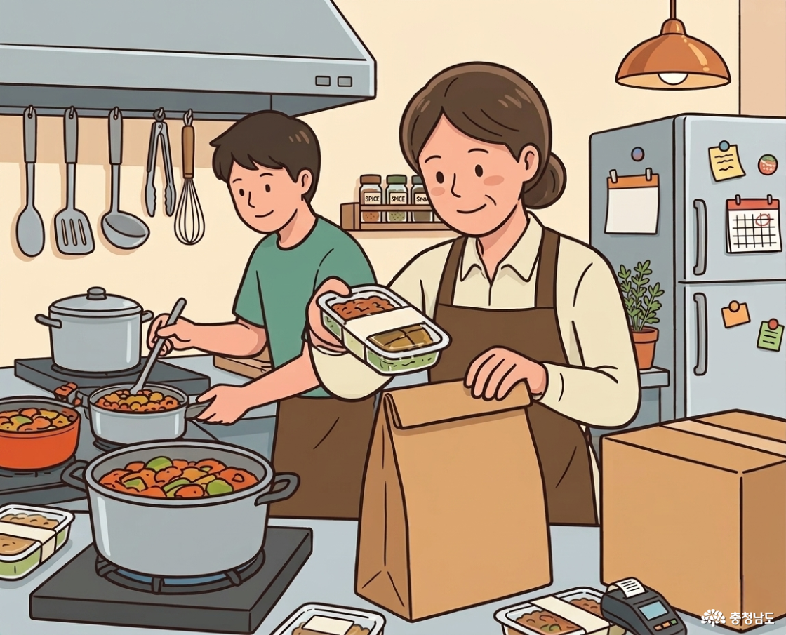 배달 주문 들어온 음식을 포장하는 소상공인 일러스트입니다.